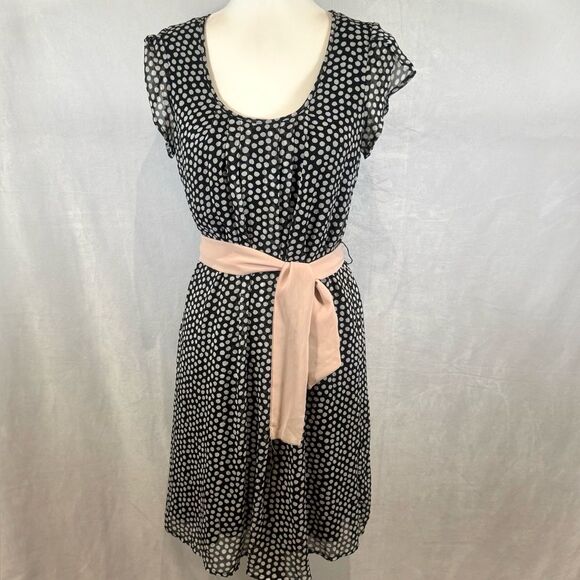 Black and white polka dot dress with blush sash size small - Picture 1 of 8